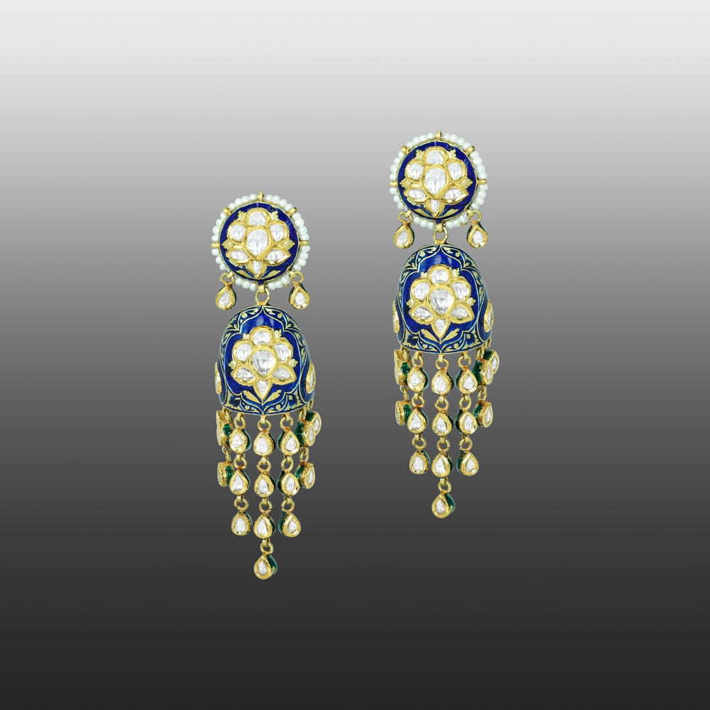 Polki Earrings with Blue Enamel Floral Motifs and Pearl Drops